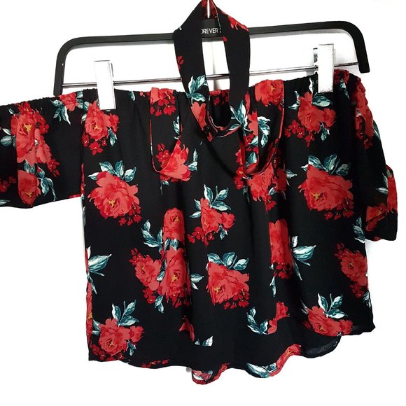 Forever 21 Black/Red Floral Off-Shoulder Top - S - Picture 9 of 11